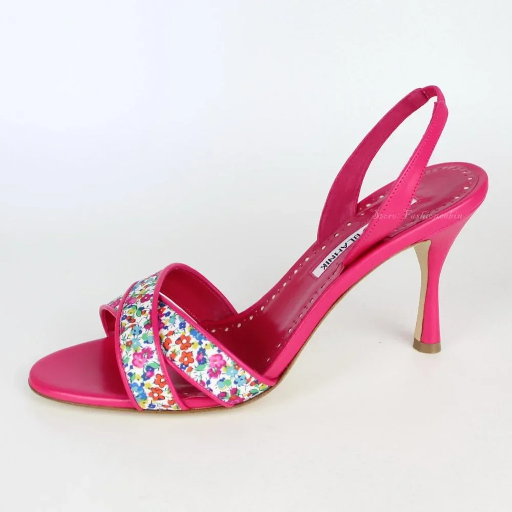 NEW MANOLO BLAHNIK Floral Leather Slingback Sandals - Work to Dinner Summer Heel - Picture 3 of 13